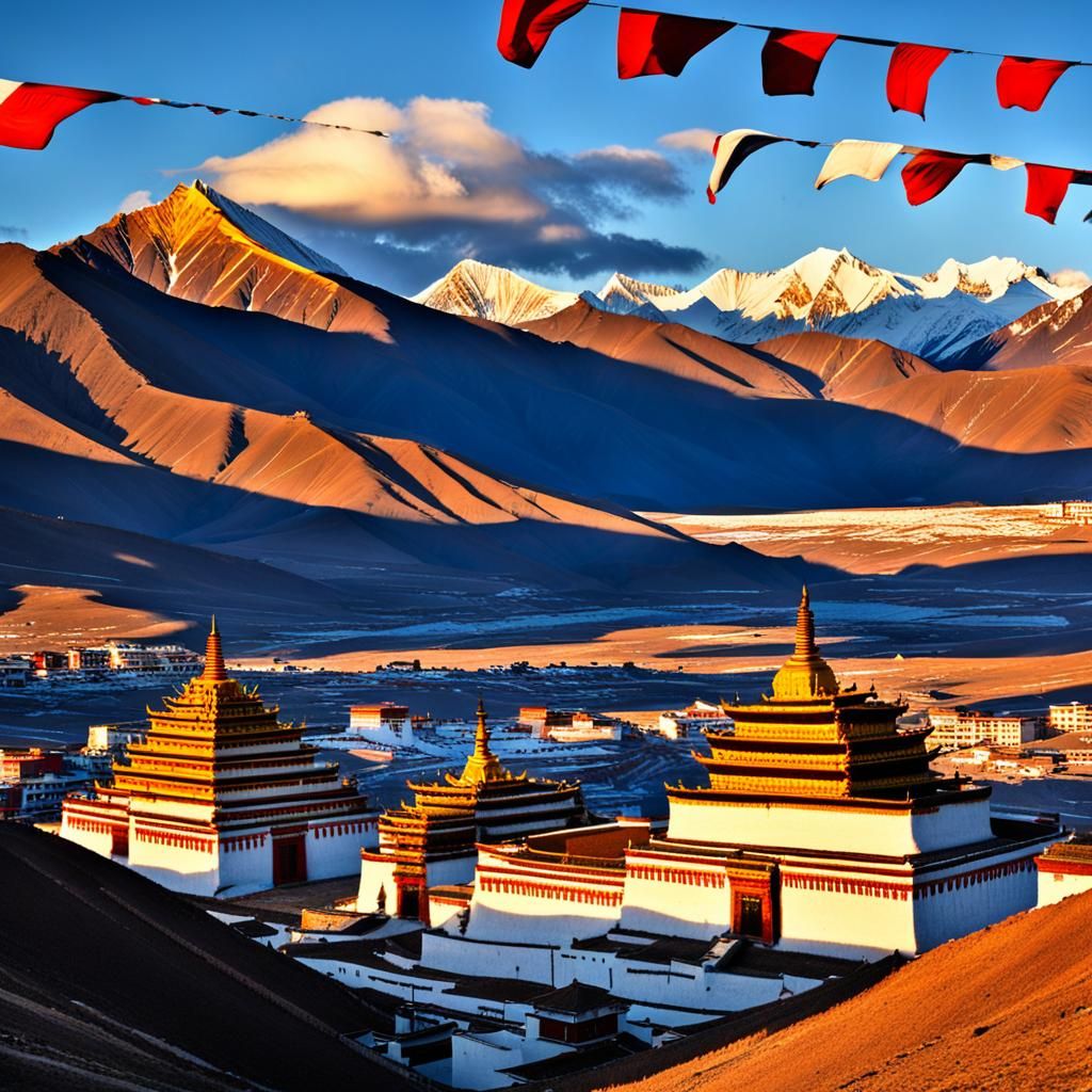 Tibet Mountains and Temples at Sunrise