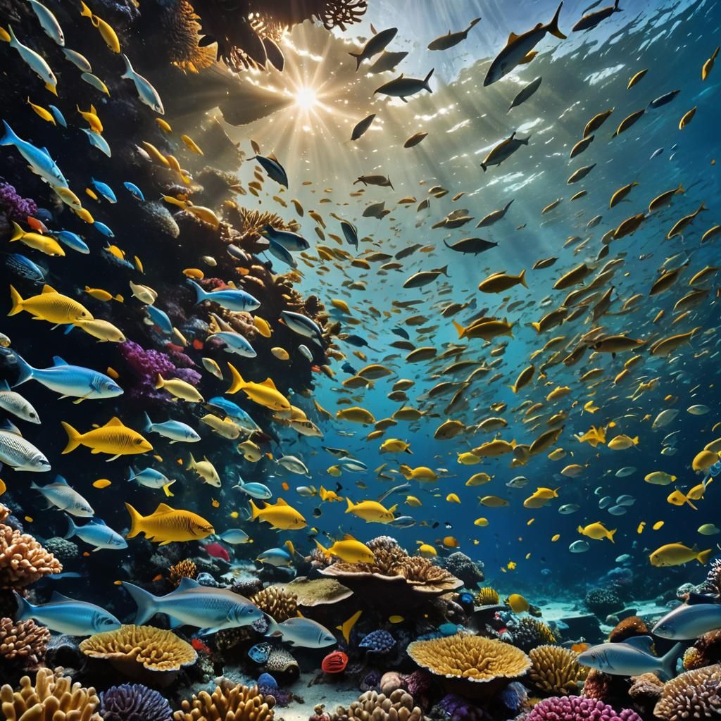 Hyperrealistic Coral Reef with Sharks and Fish