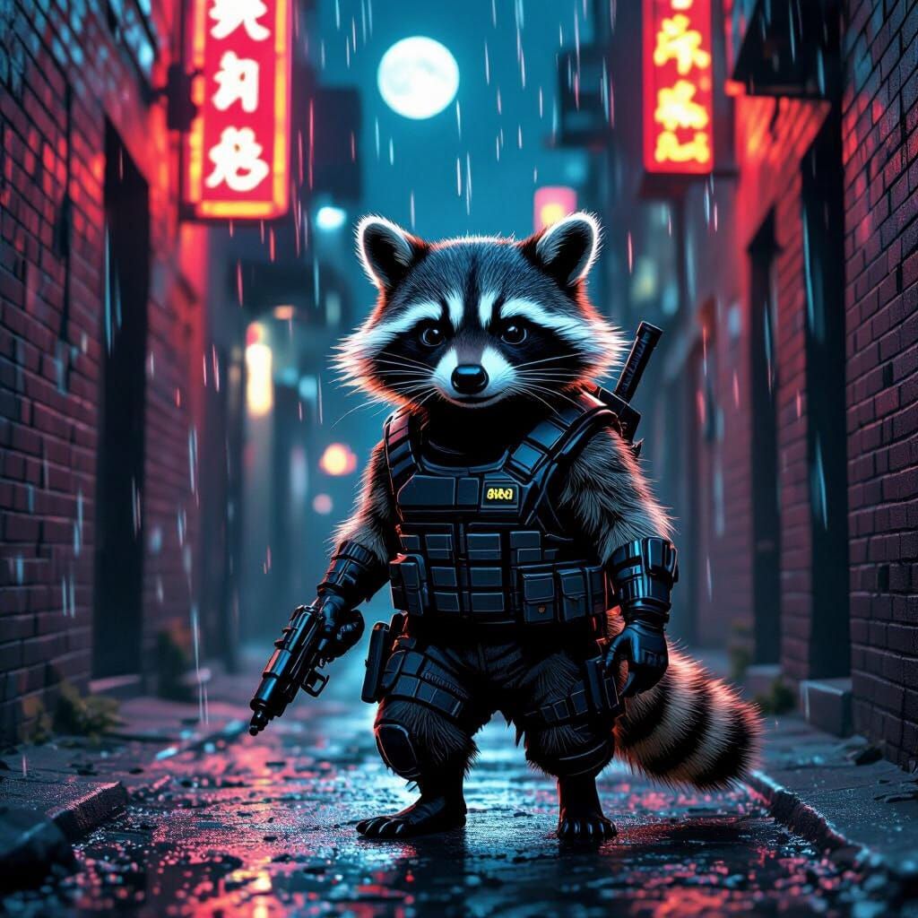 Raccoon Vigilante Patrolling Moonlit Alley in Comic Style