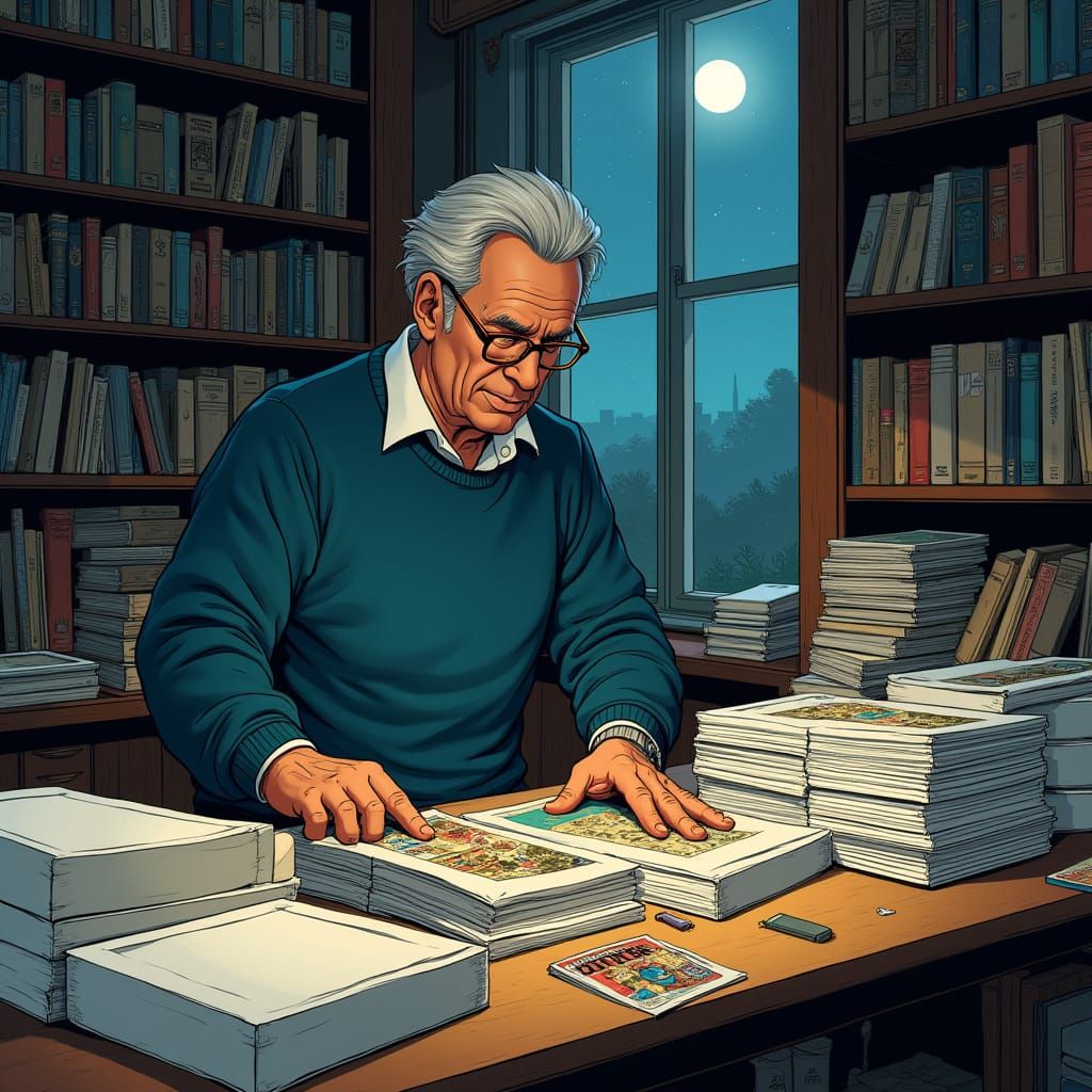 Comic Book Collector in Cozy Home Library