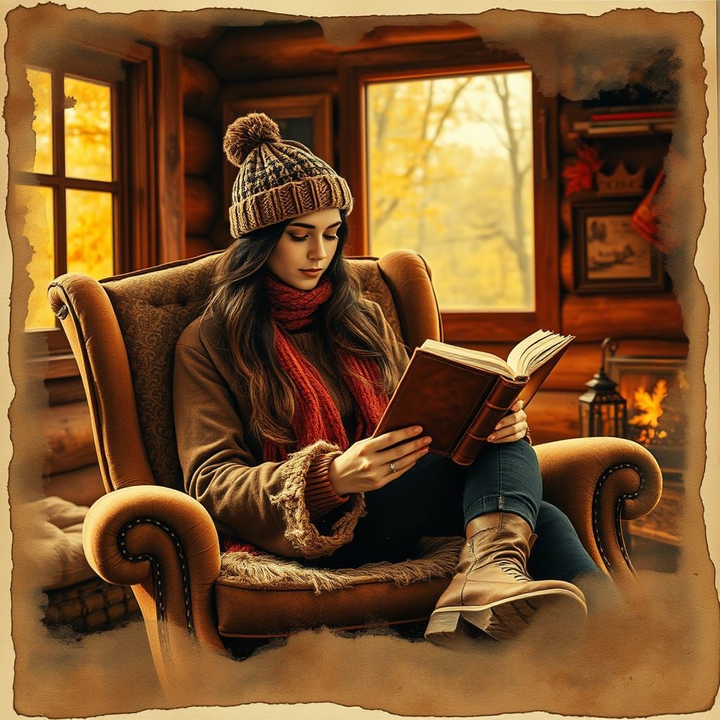 Cozy Woman Reading by Fireplace in Autumn