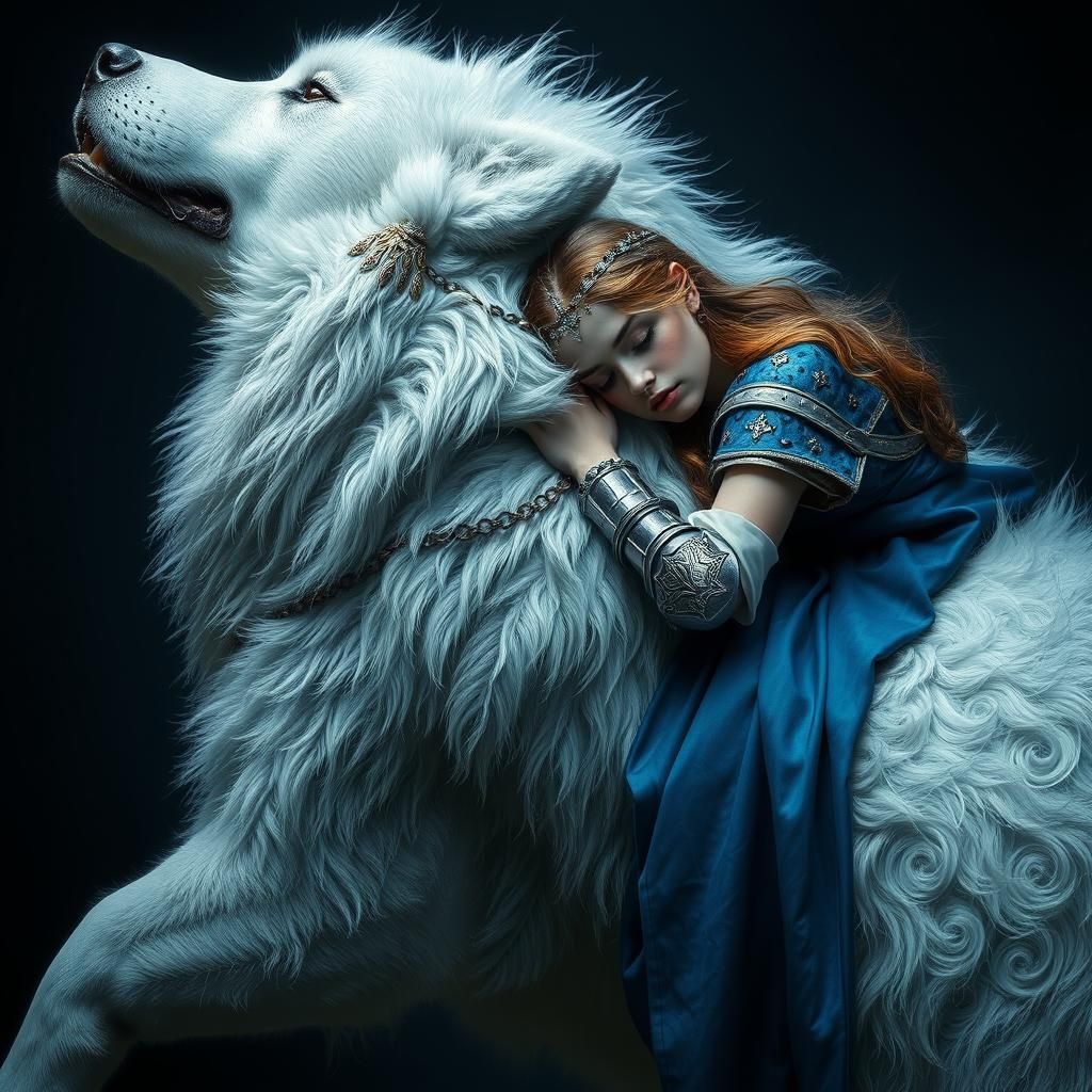 Woman in Armor Sleeping on Dire Wolf