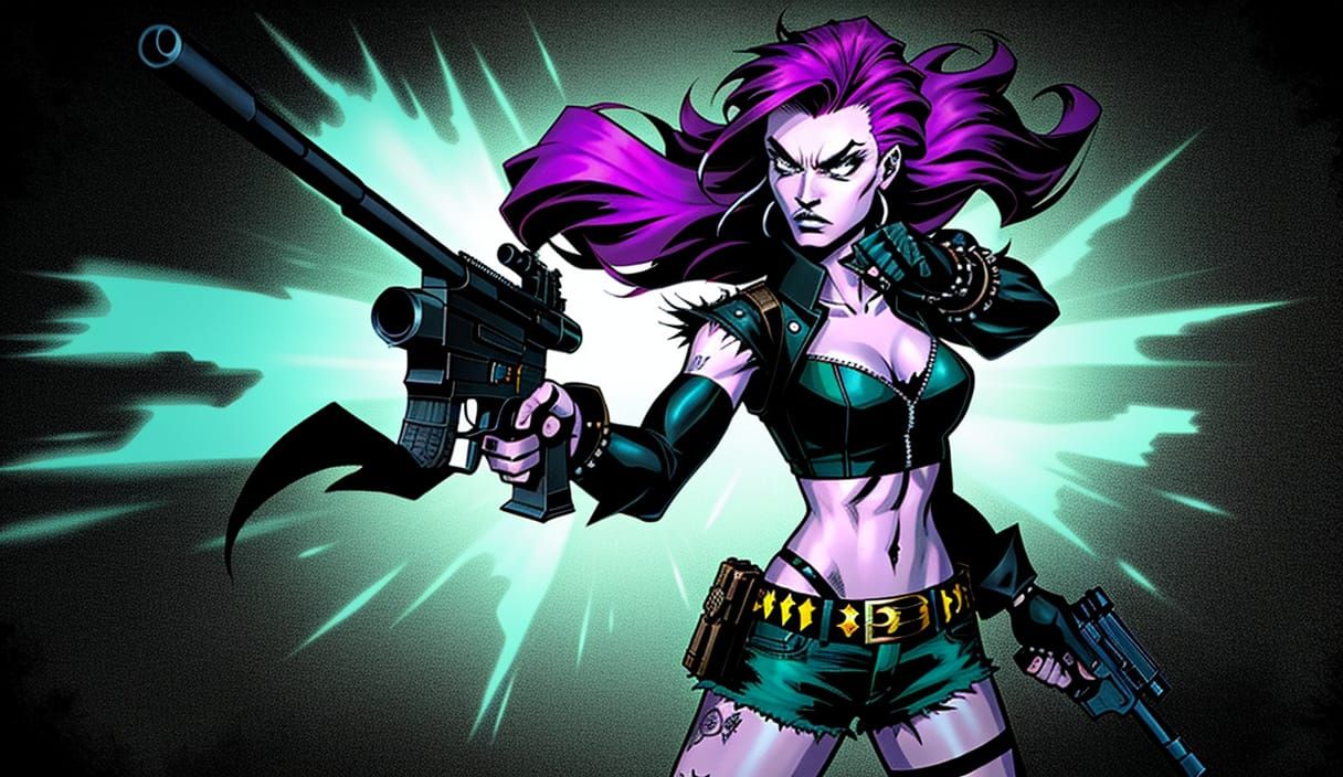 Badass Punk Girl with Pistol in Graphic Novel Style