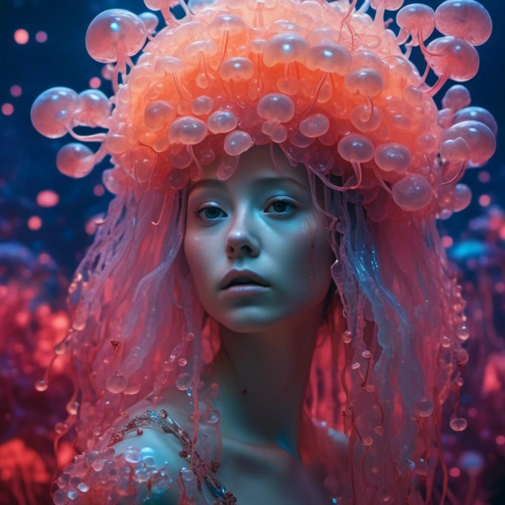 Bioluminescent Jellyfish Princess Portrait in Studio Lightin...