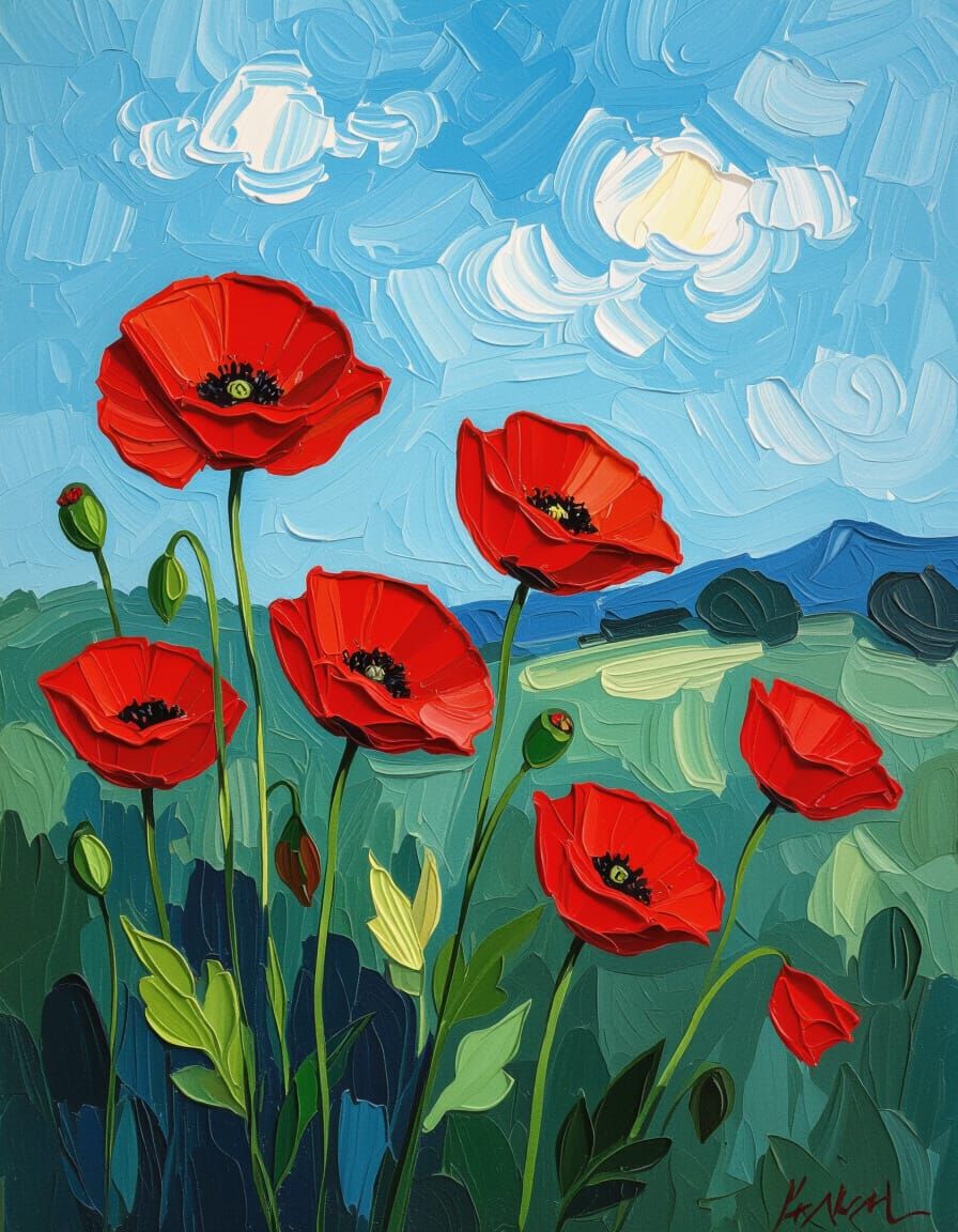 Vibrant Red Poppies Under a Serene Blue Sky