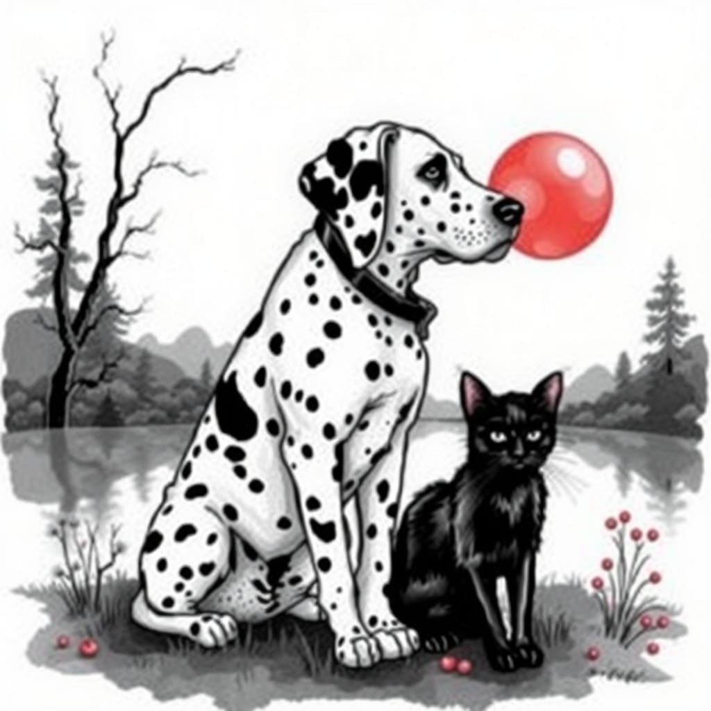 Dalmatian and Cat in Alcohol Ink Landscape