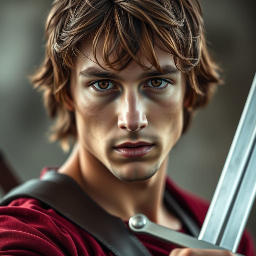 Photorealistic Arthurian Man Portrait with Sword and Bow