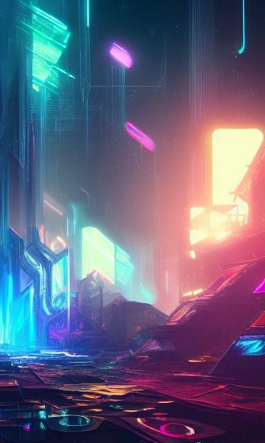 Shattered Neon Shards Floating in Space: Digital Art