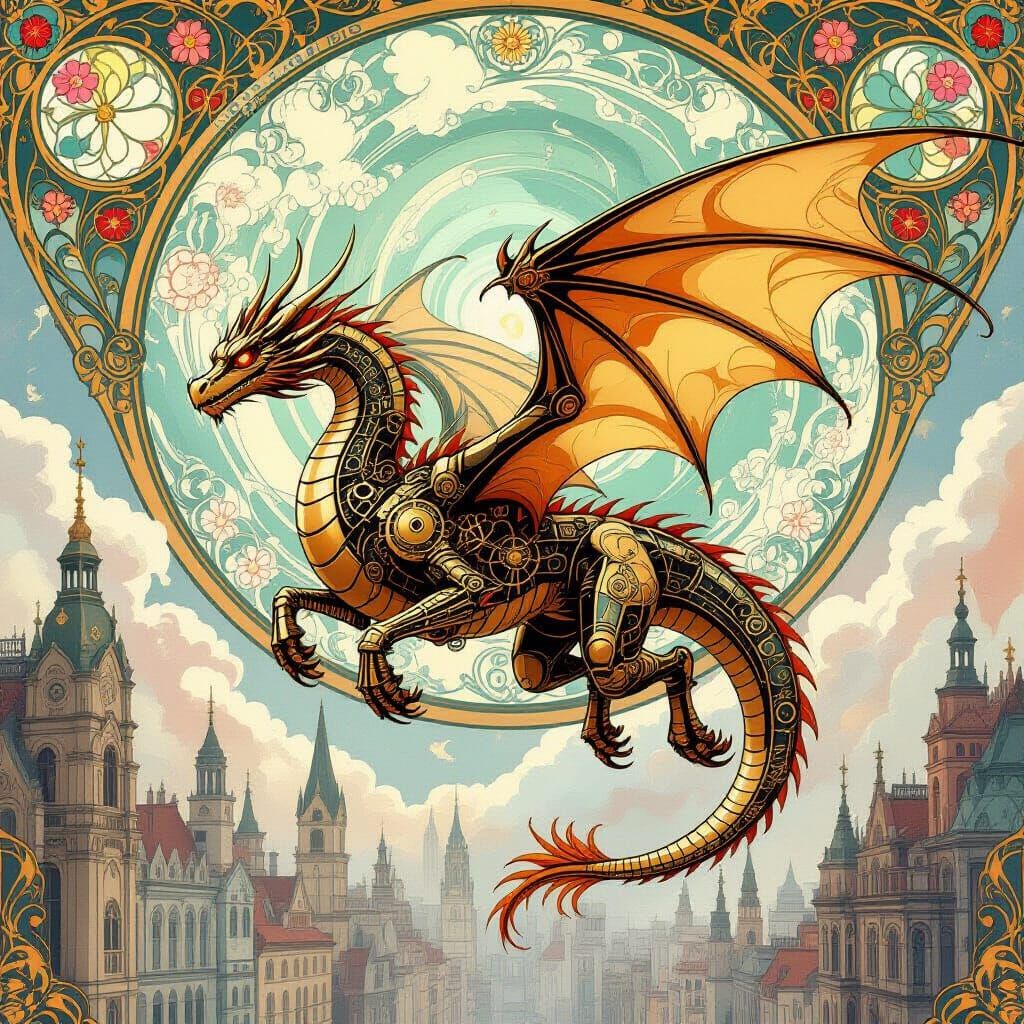 Mechanical Dragon Flies Through Art Nouveau Cityscape