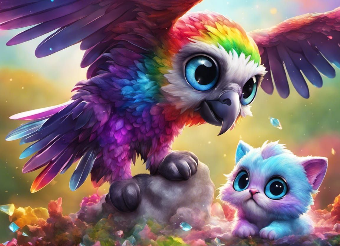 Diamond-Dust Kawaii Vulture with Kittens in Neon Colors