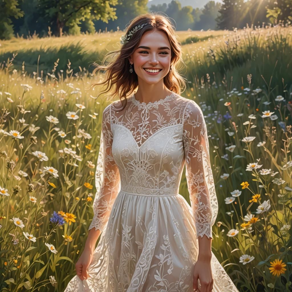 Smiling Girl in Lace Dress, Hyperrealistic Style