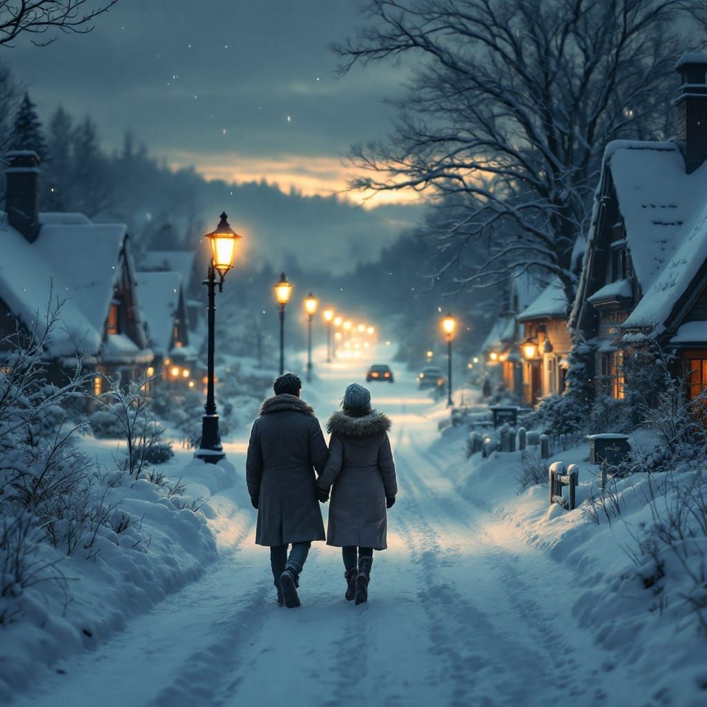 Winter Village Scene with a Couple Walking Hand in Hand