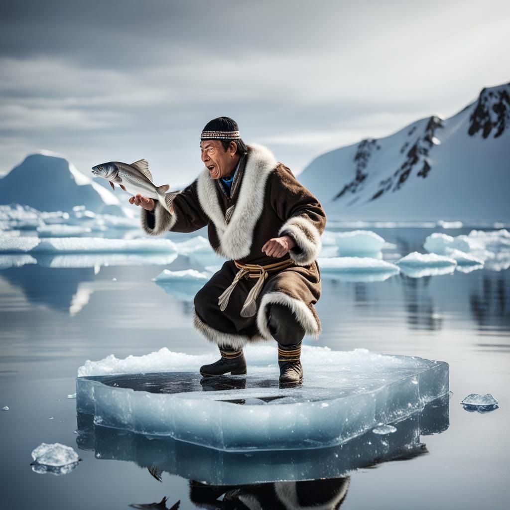 Inuit Hand Fishing on Ice, Photorealistic