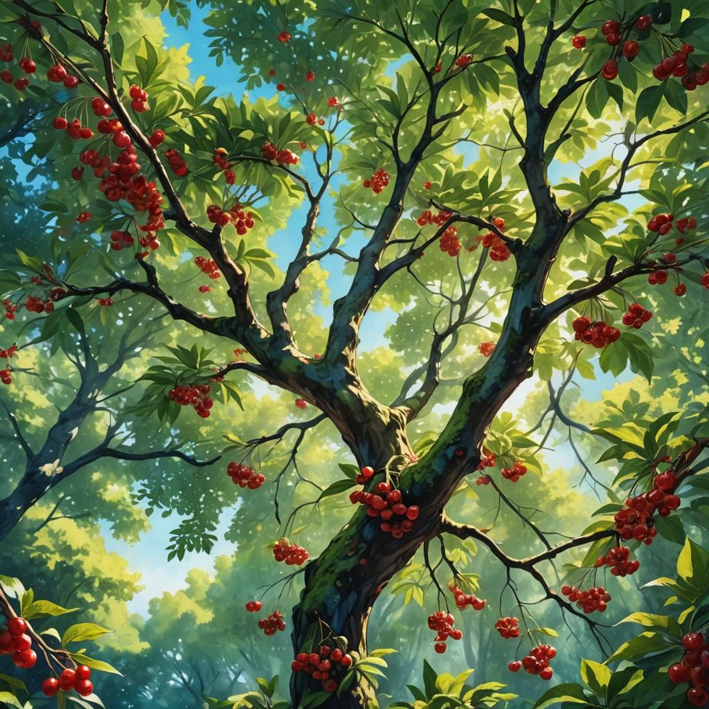 Majestic Cherry Tree in Lush Fantasy Forest