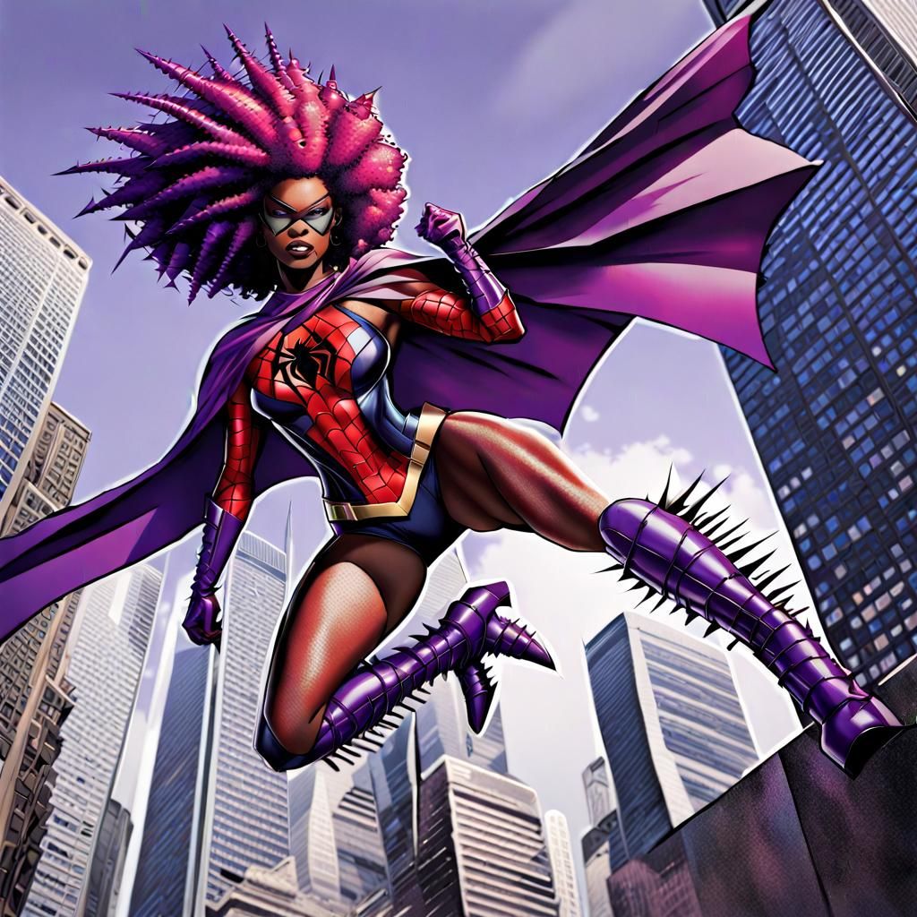 Spiderwoman with Purple Afro in Flight