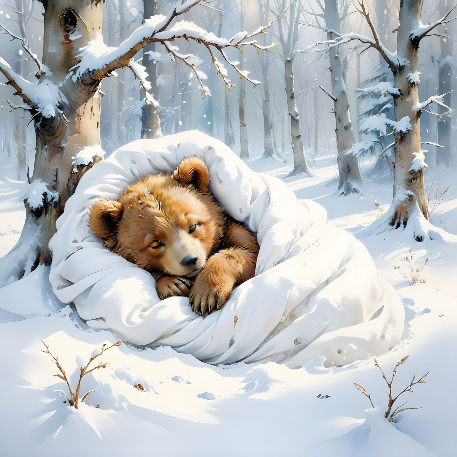 Sleeping Bear Cub in Winter Wonderland