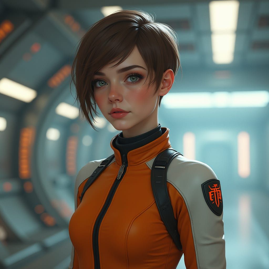 Futuristic Space Cadet with Pixie Cut in Sci-Fi Station