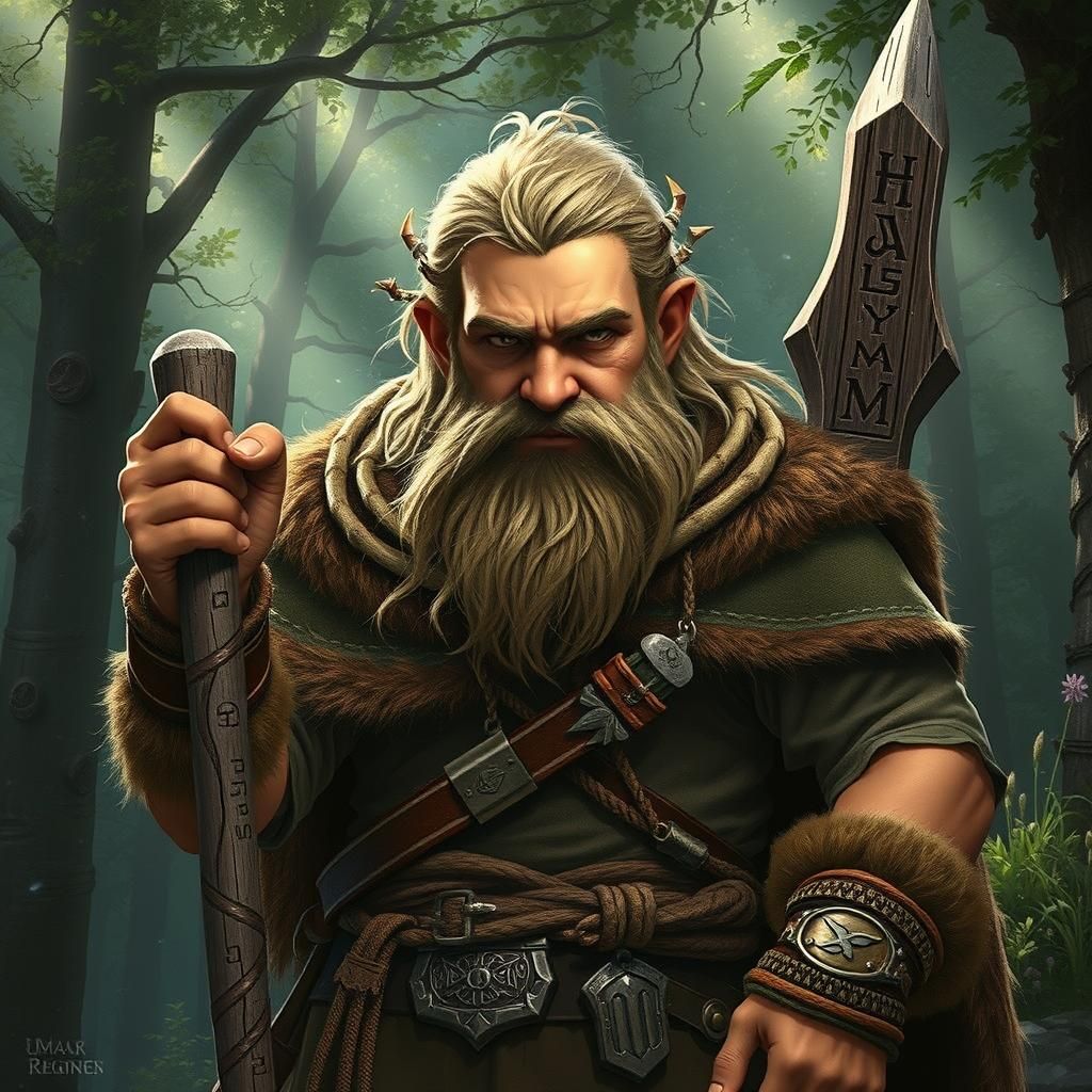 Hill Dwarf Druid in Lush Forest, Digital Art