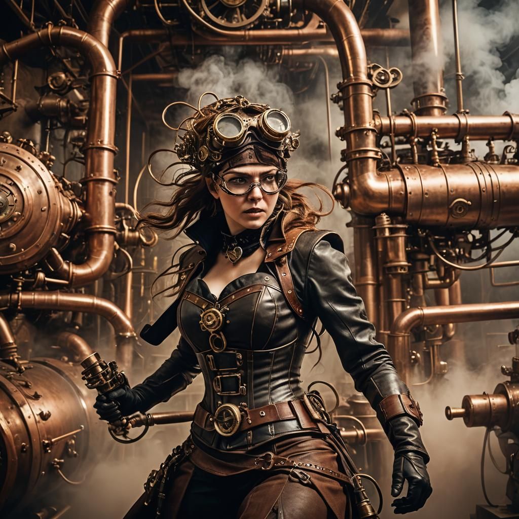 Steampunk Escape: Woman and Steam-Powered Vortex