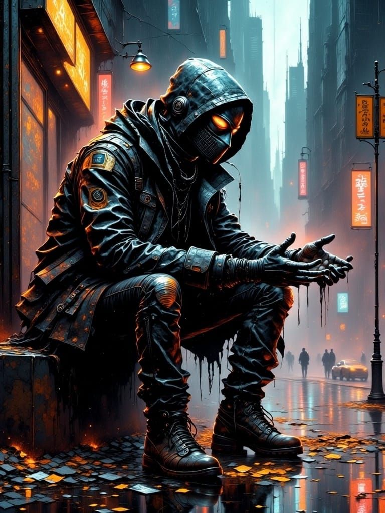 Beggar's Plea in Dystopian Cityscape