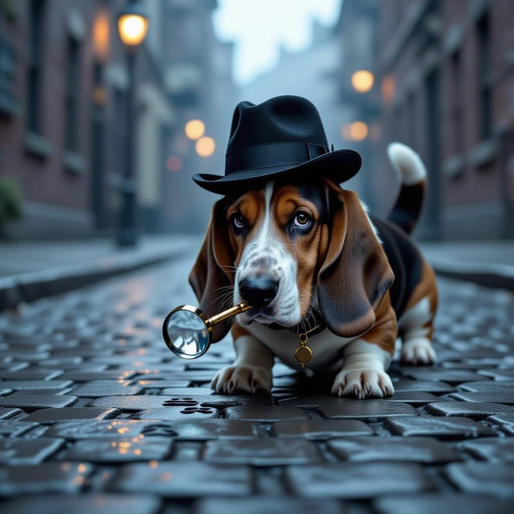 Basset Hound Detective Investigates Paw Prints in Foggy Noir...