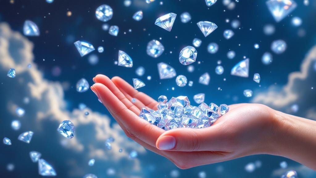 Hand Holding Diamonds Falling From Sky