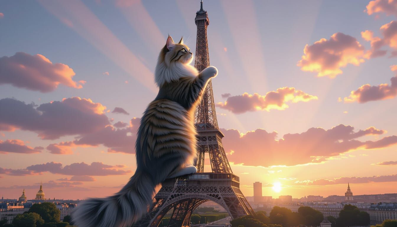 Giant Cat Climbing Eiffel Tower at Sunset