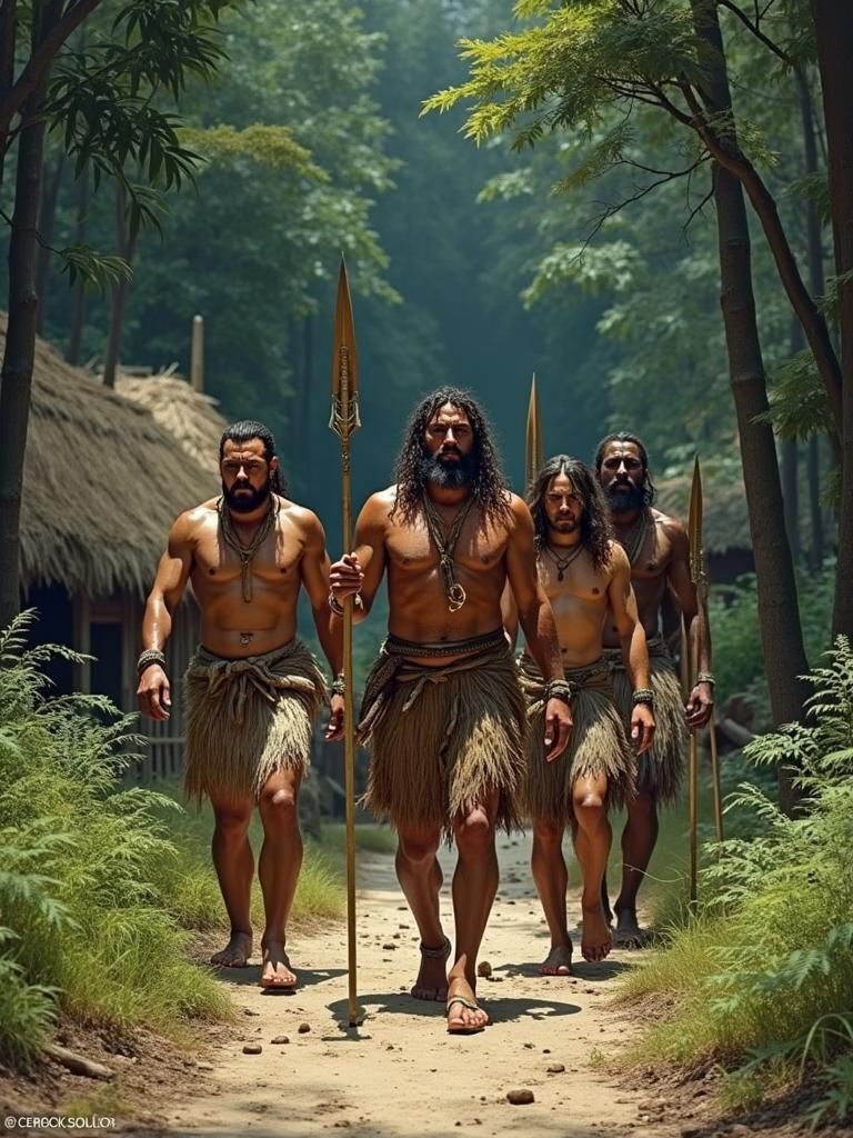 Prehistoric Warriors in Lush Forest Landscape