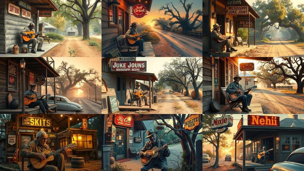 Vintage Mississippi Juke Joint Scene in Watercolor Style