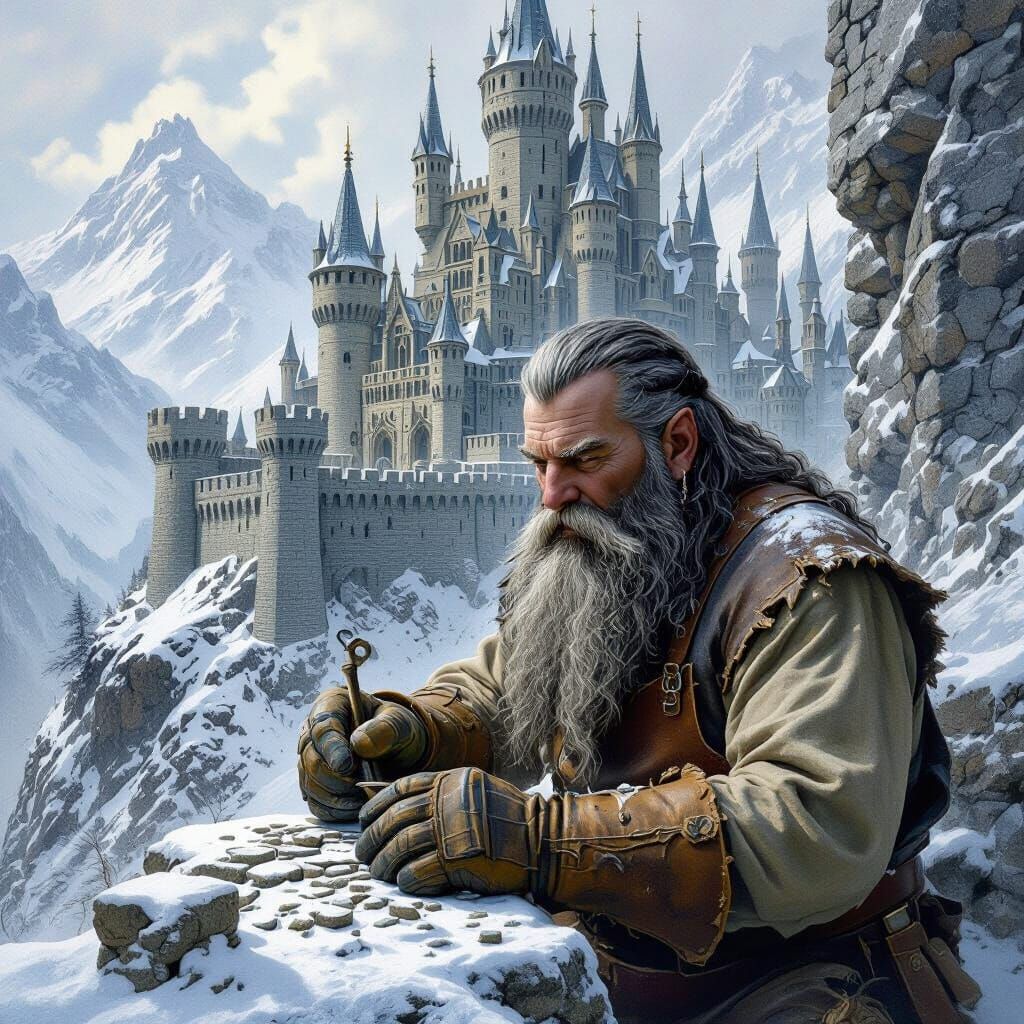 Dwarf Builds Mountain Castle in Winter Wonderland