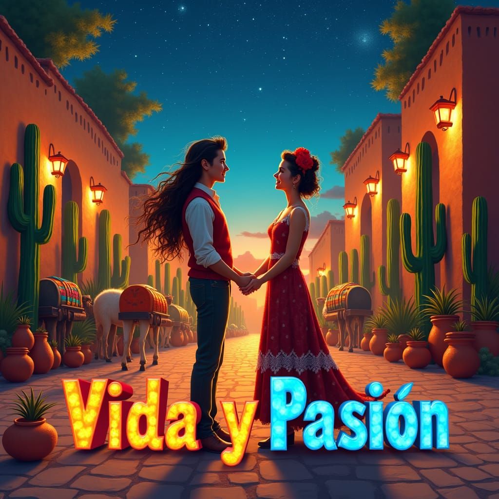 Mexican Couple Gazing at Starry Sky with Title