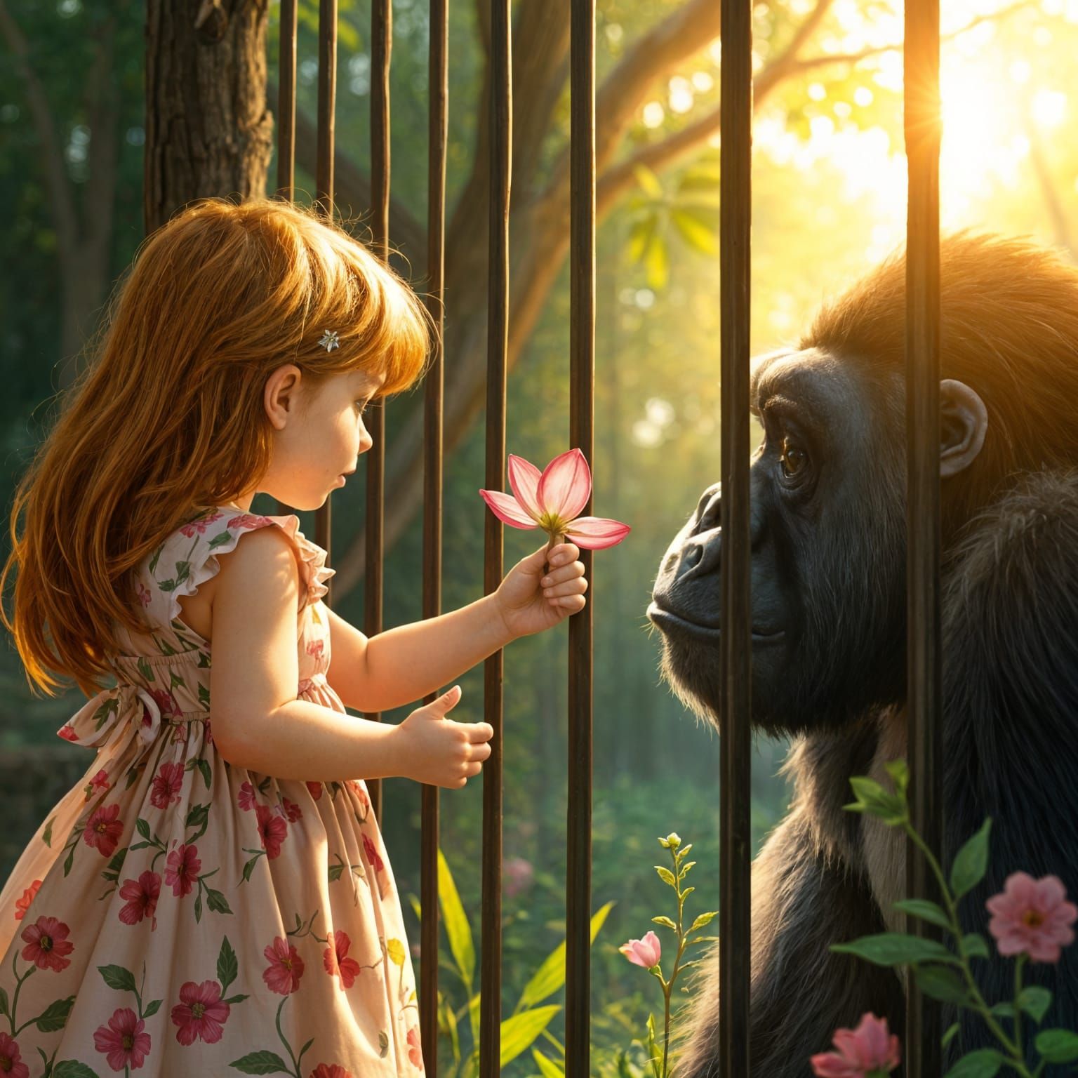 Gentle Gorilla Shares Flower with Curious Girl in Zoo