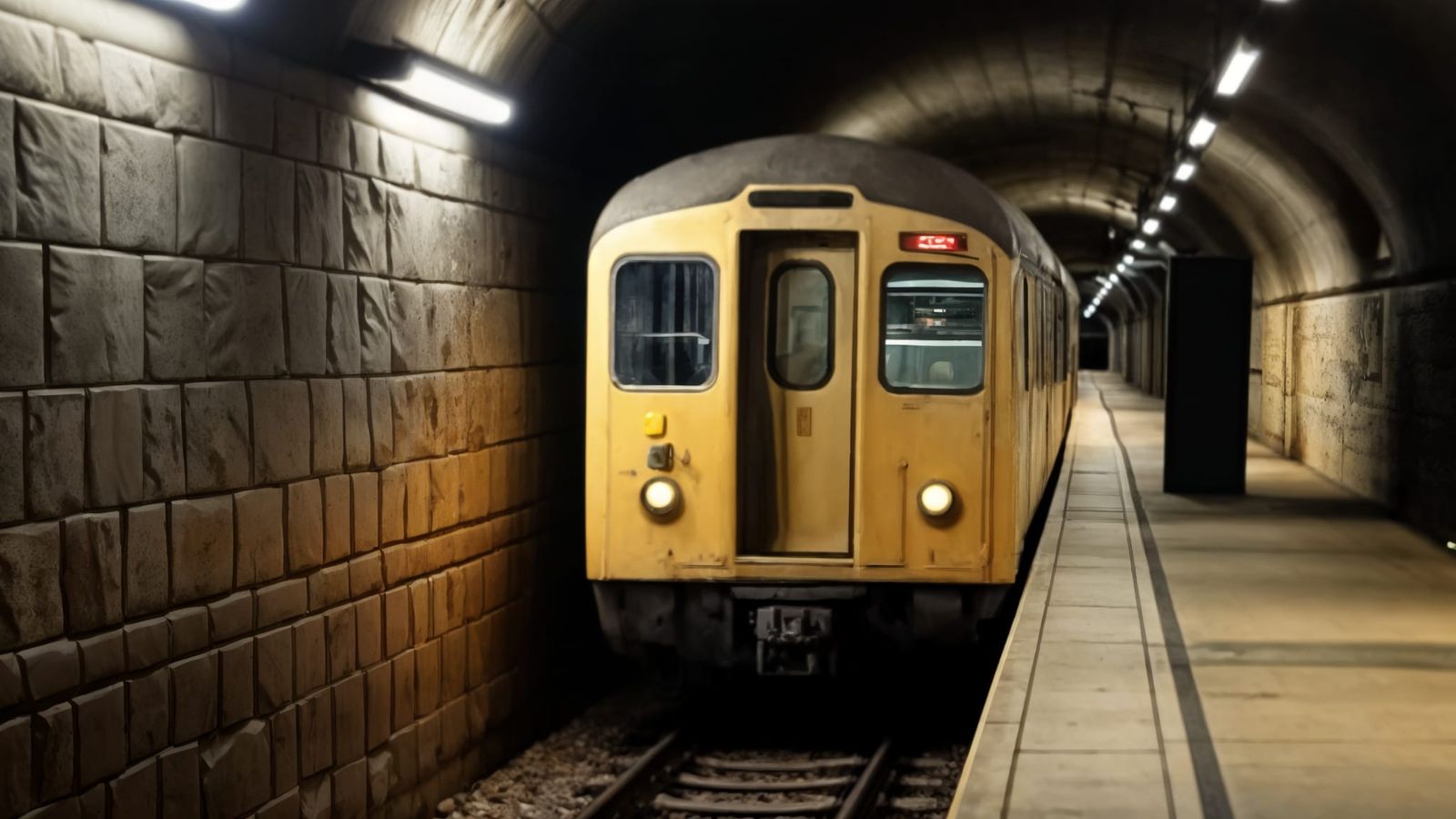 A subway train sitting at a station platform.