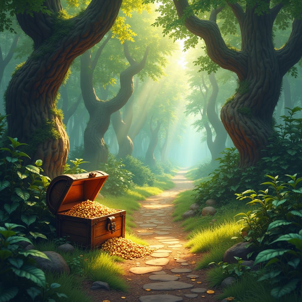 Mystical Forest Path with Golden Treasure