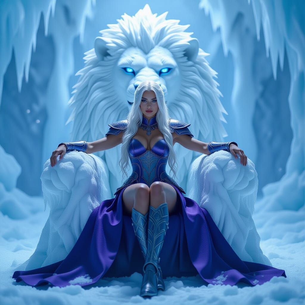 Amazon Queen Rests on Ice Lion in Frosty Throne Hall