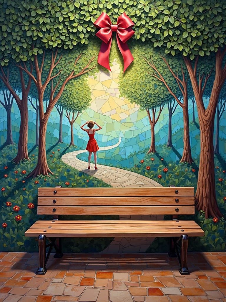 Whimsical Bench Scene with Mosaic Mural and Dreamlike Aura