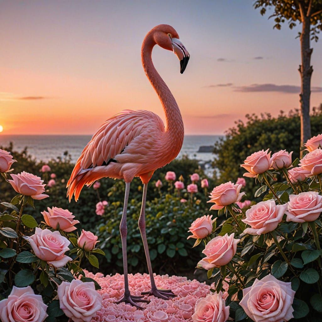 Regal Flamingo Posed Gracefully Among Pink Roses at Sunset