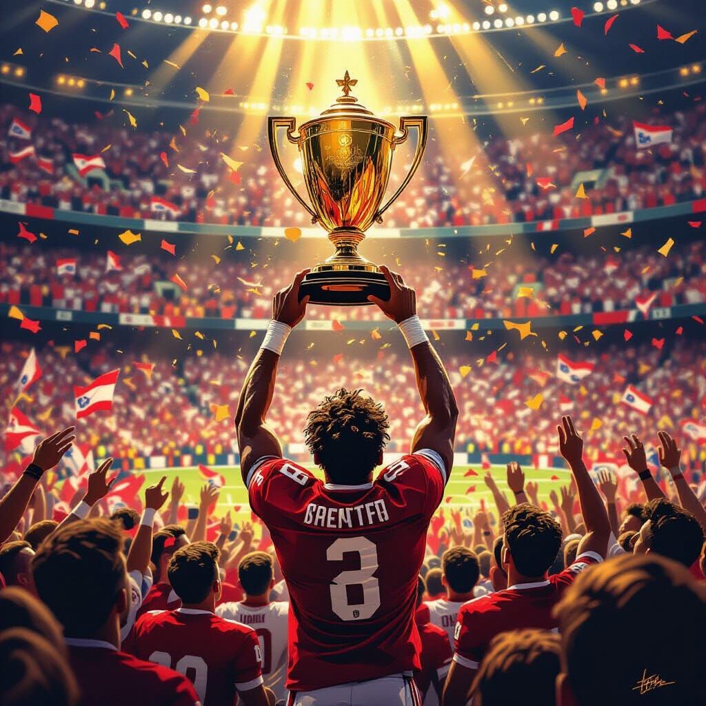 Football Champion Lifts Golden Trophy in Packed Stadium