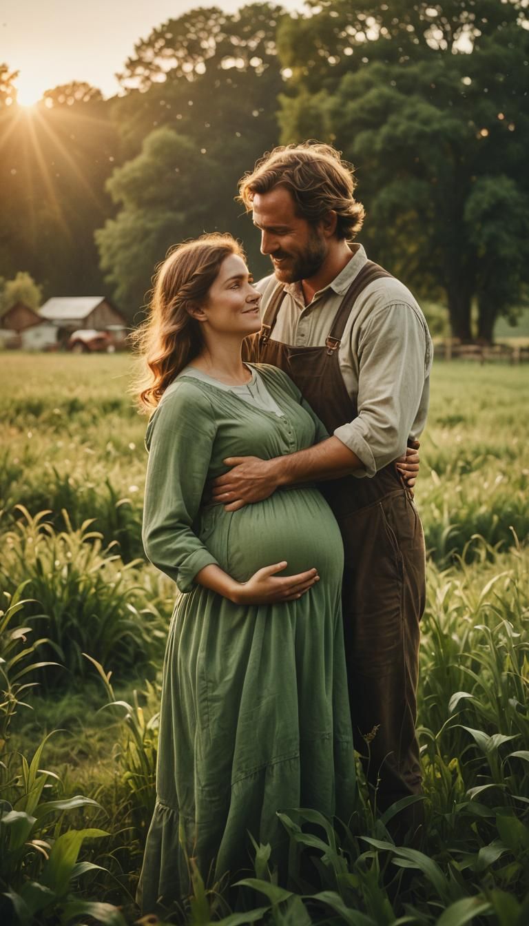 Heartfelt Embrace: Farmer and Wife in Golden Light