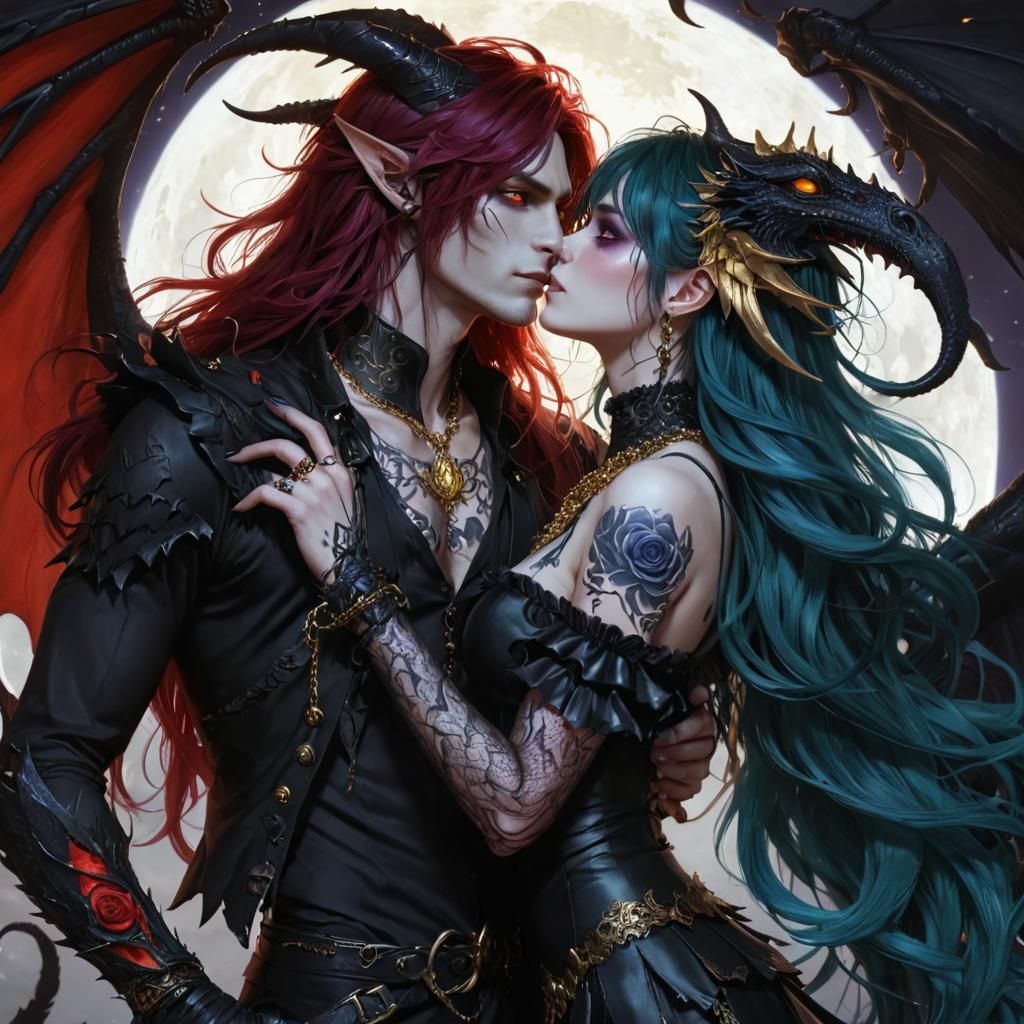 Romantic Dragon God and Demoness Kiss in Moonlight