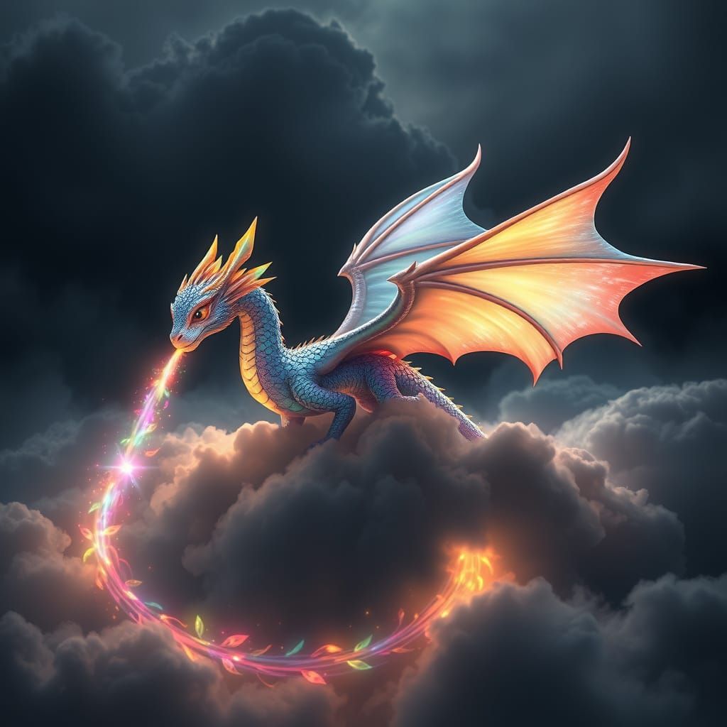 A baby rainbow dragon on black clouds, spitting rainbow leav...