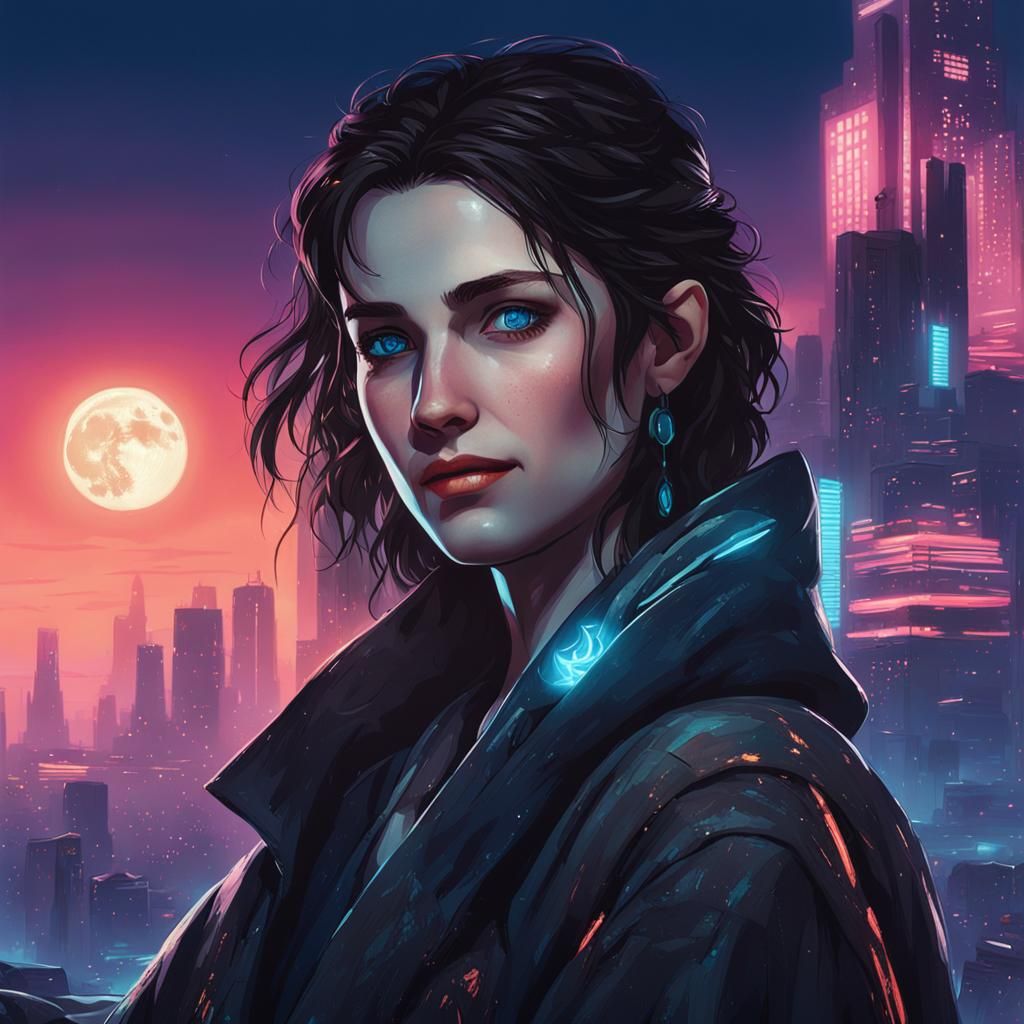 Cyberpunk Witch with Moonlit Backdrop