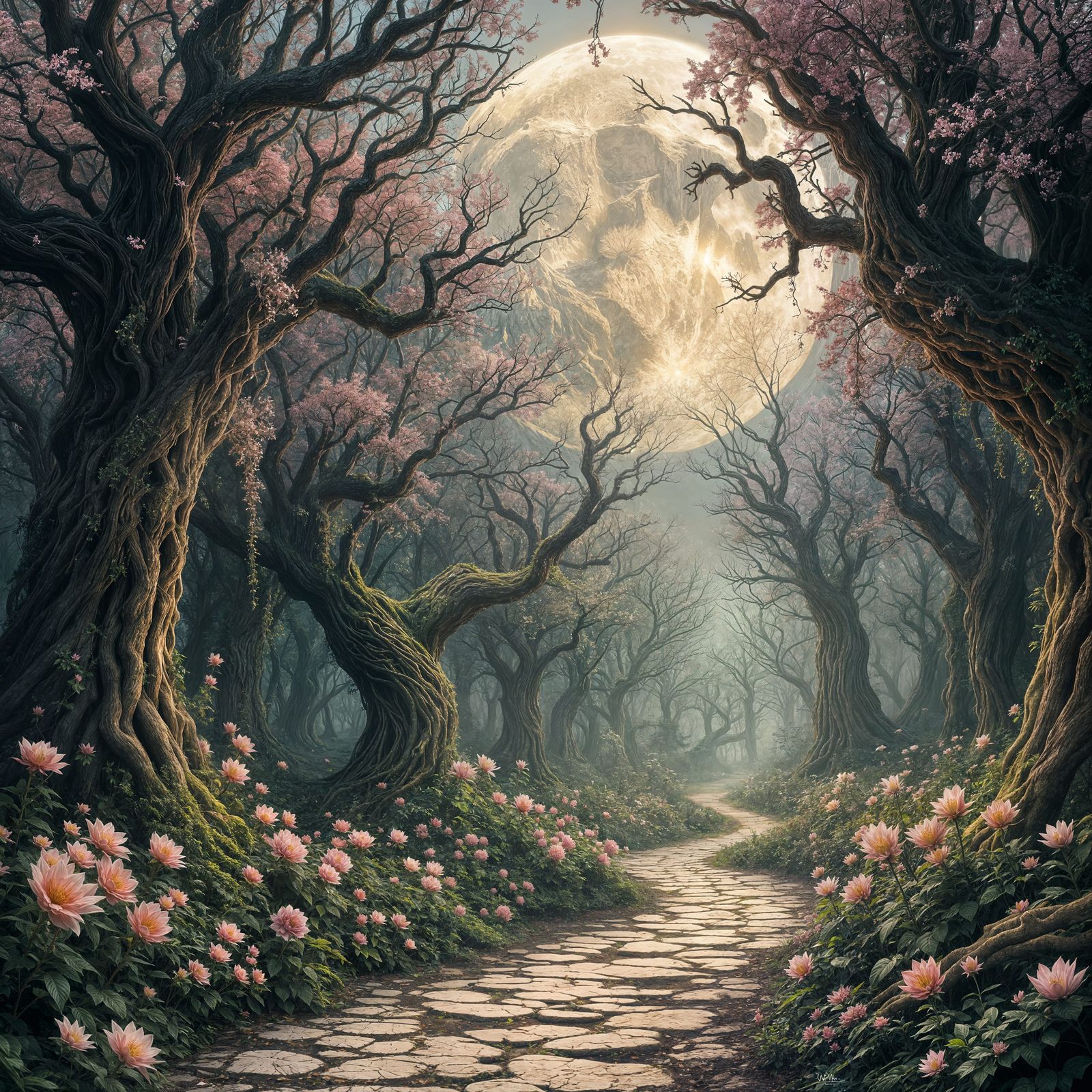 Mystic Forest Path Under Ominous Full Moon