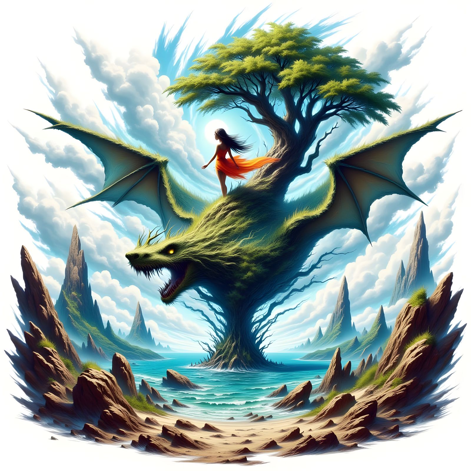 Surreal Landscape with Fiery Skies and Ancient Ruins