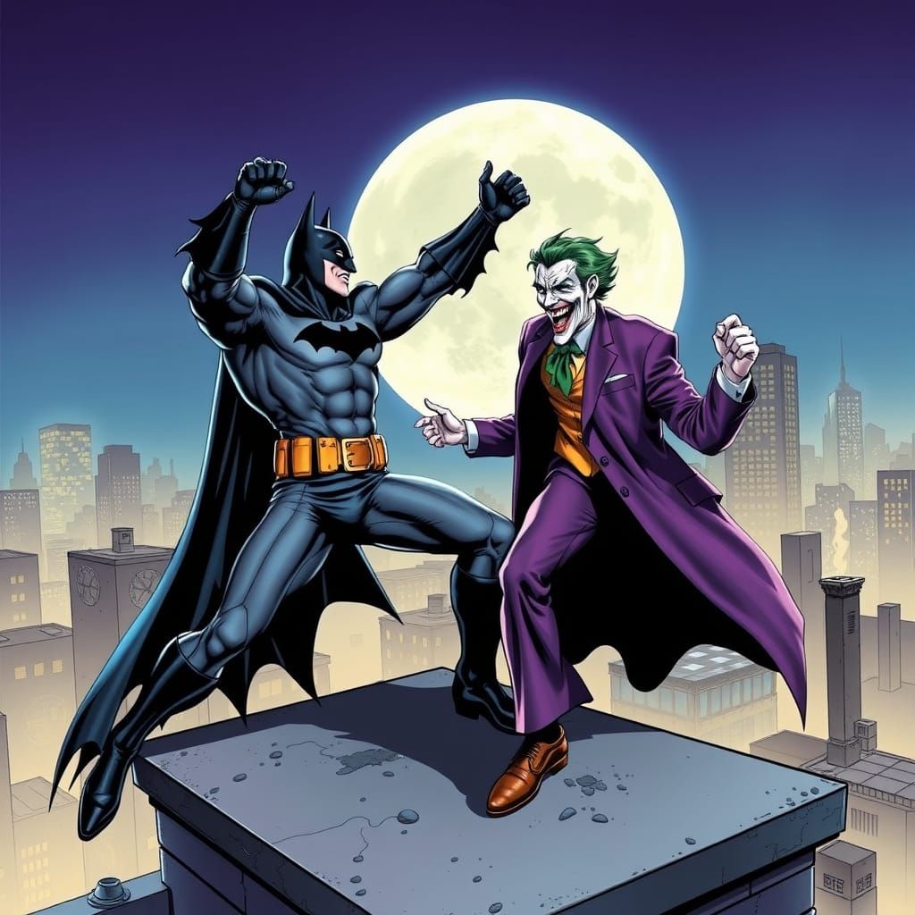 Batman and Joker Rooftop Battle: Comic Book Art