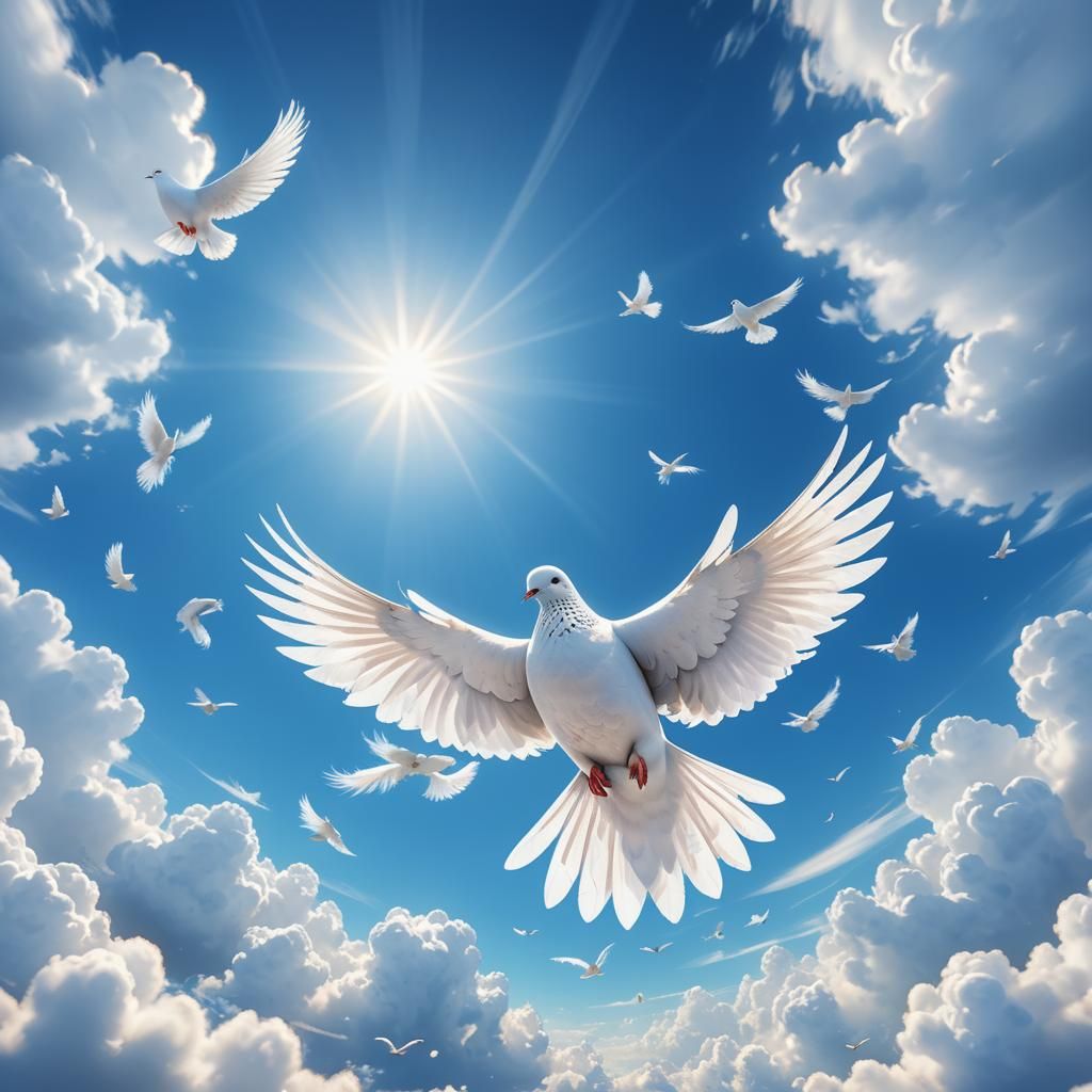 Dove of Peace Soaring in Blue Sky