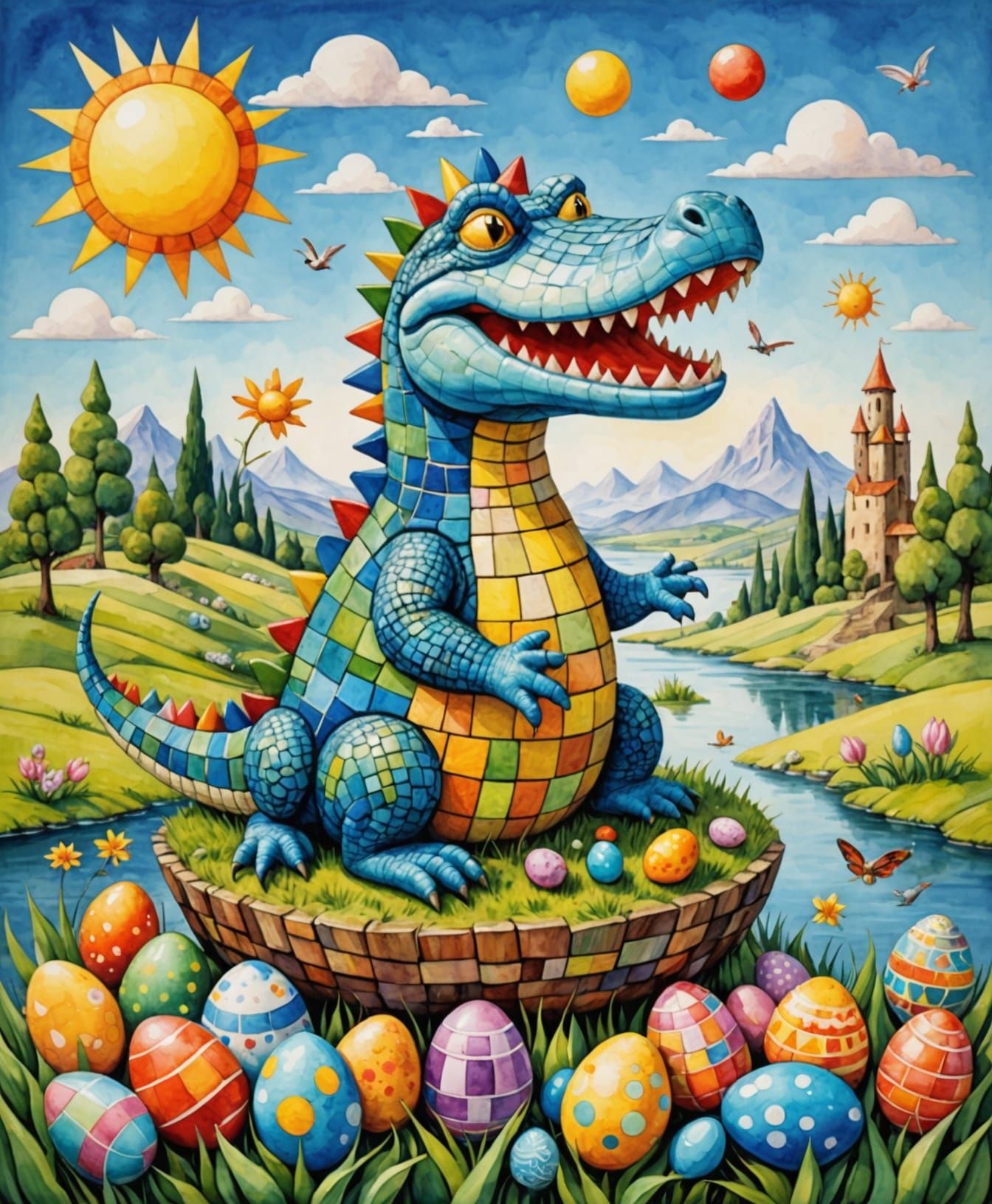 Cubist Easter Scene with Crocodile