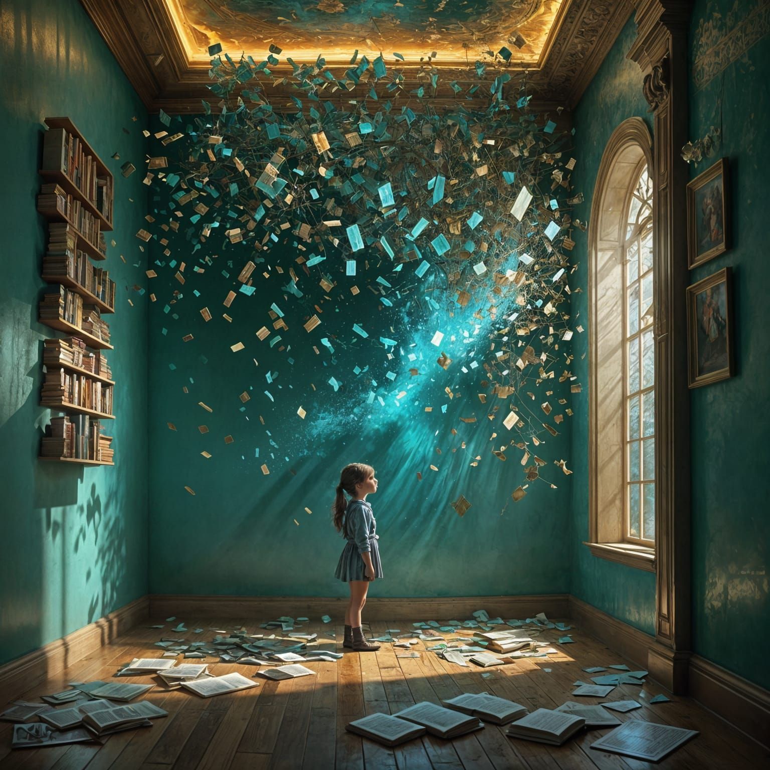 Child Before Glowing Memory Walls: Dreamlike Surreal Scene