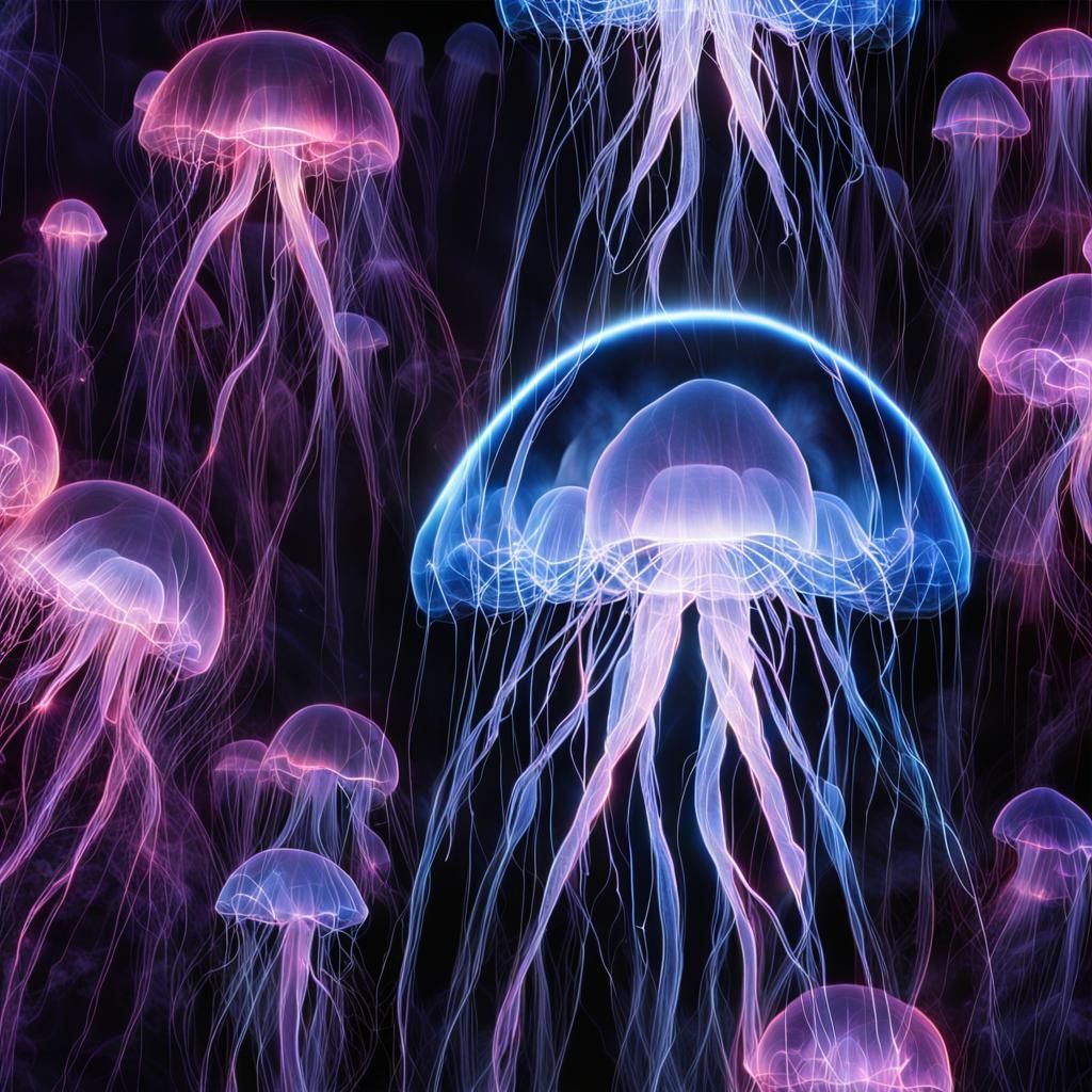 Bioluminescent Human-Jellyfish Hybrid in Liquid Darkness