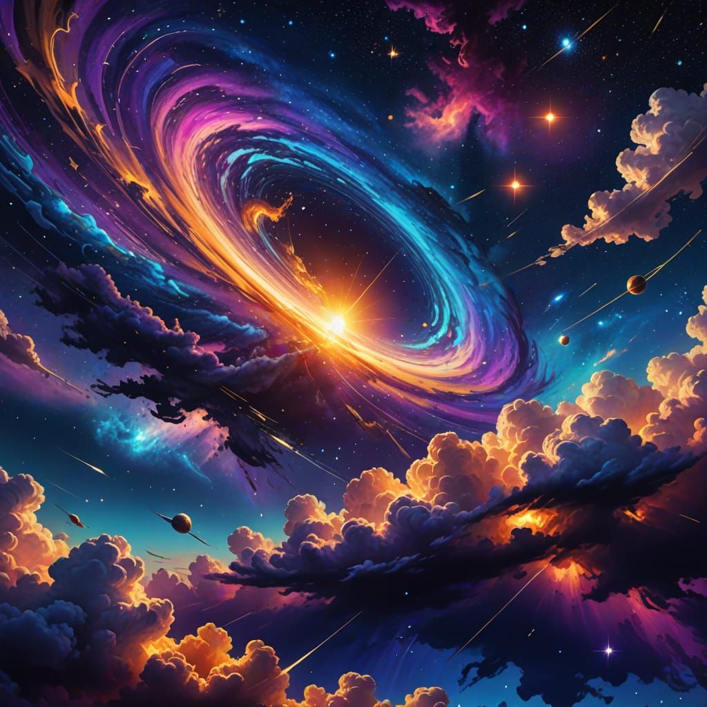 Glowing Sunset Amidst Vibrant Cosmic Clouds in a Deep Purple...